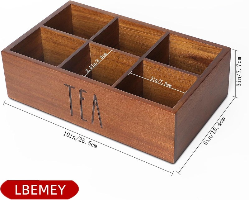 LBEMEY Tea Bag Organizer,Acacia Wood Tea Storage Containers with 6 Compartments, Sugar Packet Holder,Tea Bag Caddy Box for Cabinet Countertop Office (Brown- Labeled TEA) - Image 3